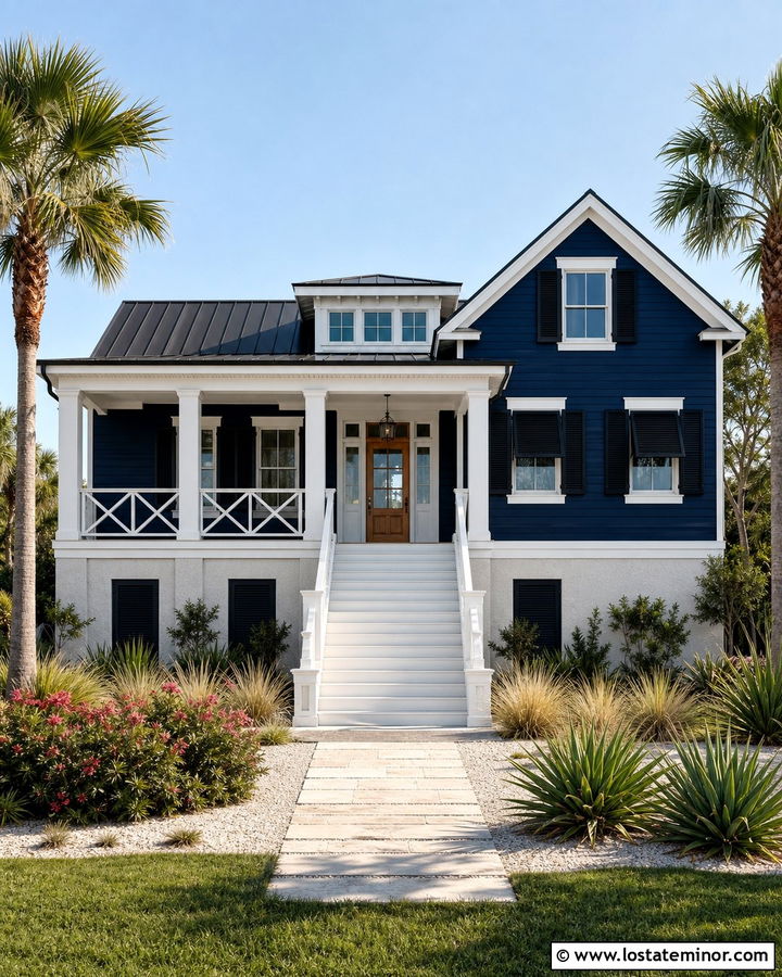 Midnight Blue Coastal House With Black Bahama Shutters - 30 Midnight Blue House Design With Shutters Ideas