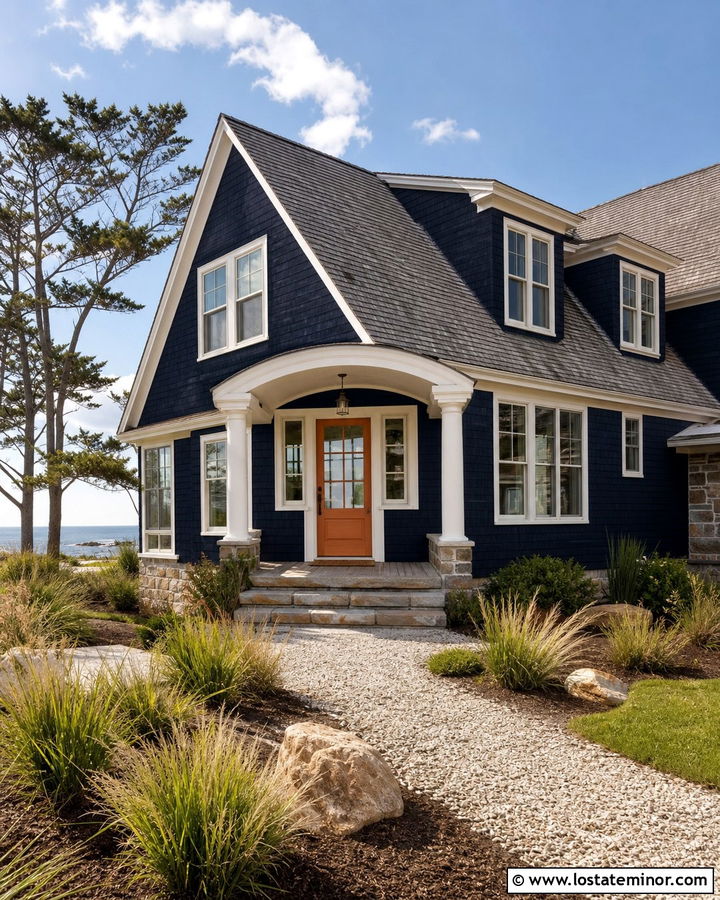 Midnight Blue Coastal House With Burnt Orange Entry Door - 30 Midnight Blue House Design With Entry Door Ideas