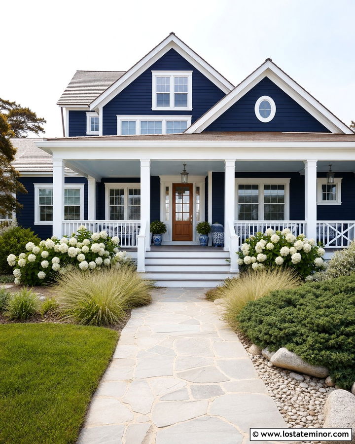 Midnight Blue Coastal House With Covered Porch - 30 Midnight Blue House Design With Front Porch Ideas
