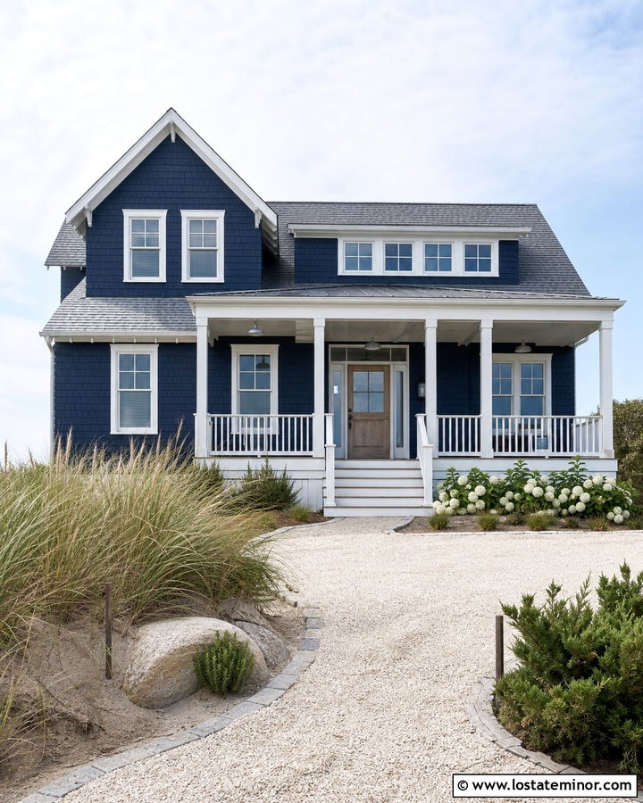 Midnight Blue Coastal House With Dune Grass Yard - 30 Midnight Blue House Design With Front Yard Ideas