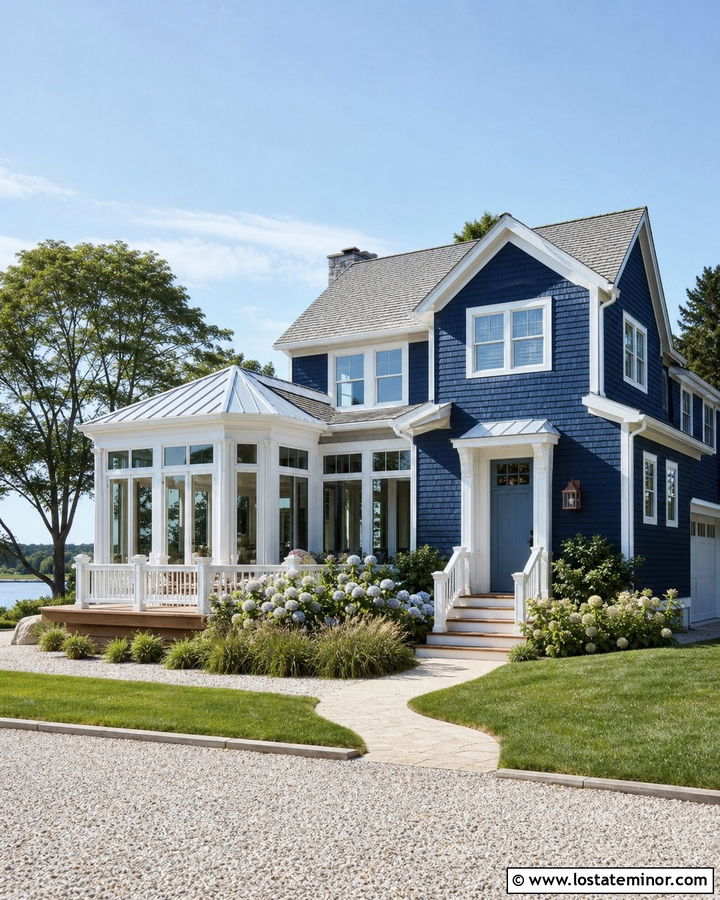 Midnight Blue Coastal House With Glass Sunroom - 30 Midnight Blue House Design With Sunroom Ideas