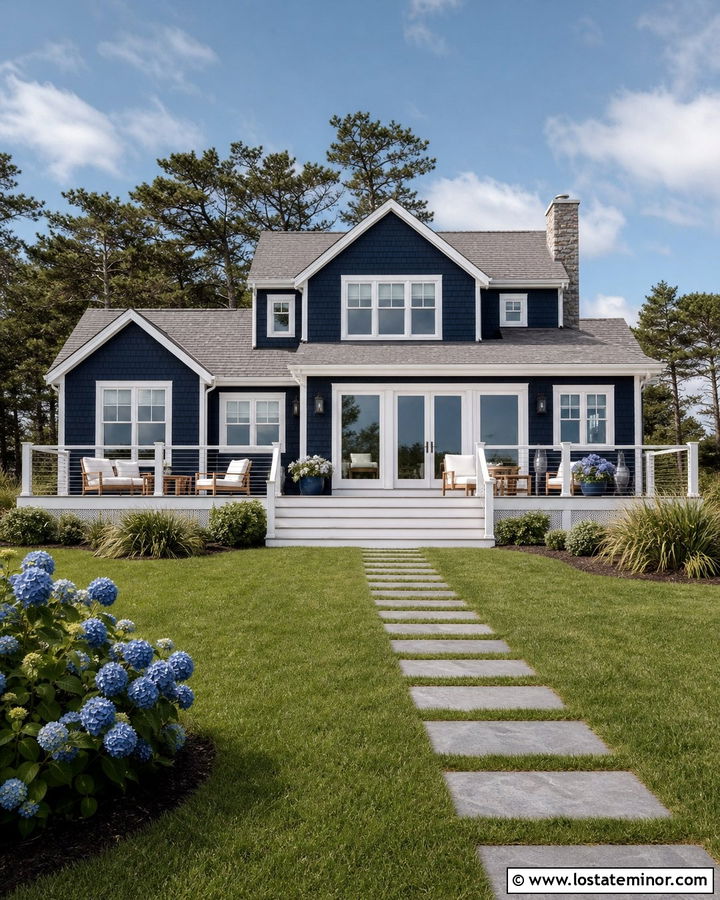 Midnight Blue Coastal House With Light Gray Deck - 30 Midnight Blue House Design With Backyard Ideas