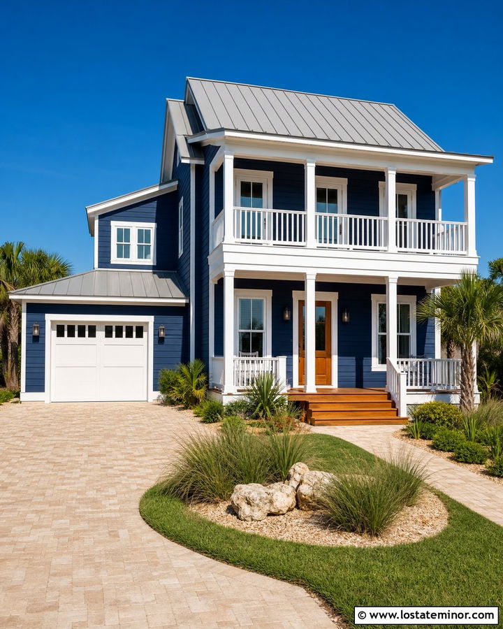 Midnight Blue Coastal House With Sand Paver Driveway - 30 Midnight Blue House Design With Driveway Ideas