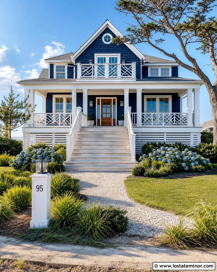 Midnight Blue Coastal House With Shellstone Steps - 30 Midnight Blue House Design With Steps Ideas