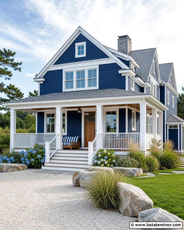 Midnight Blue Coastal House With Striped Daybed - 30 Midnight Blue House Design With Daybed Ideas