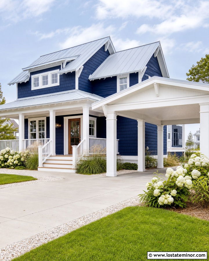 Midnight Blue Coastal House With White Carport - 30 Midnight Blue House Design With Carport Ideas