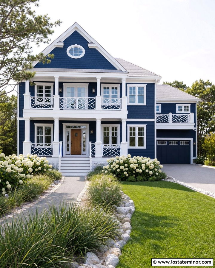 Midnight Blue Coastal House With White Chippendale Railings - 30 Midnight Blue House Design With Railings Ideas
