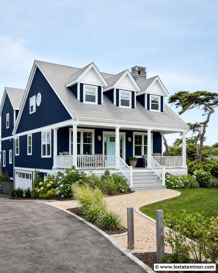 Midnight Blue Coastal House With White Dormers - 30 Midnight Blue House Design With Dormers Ideas