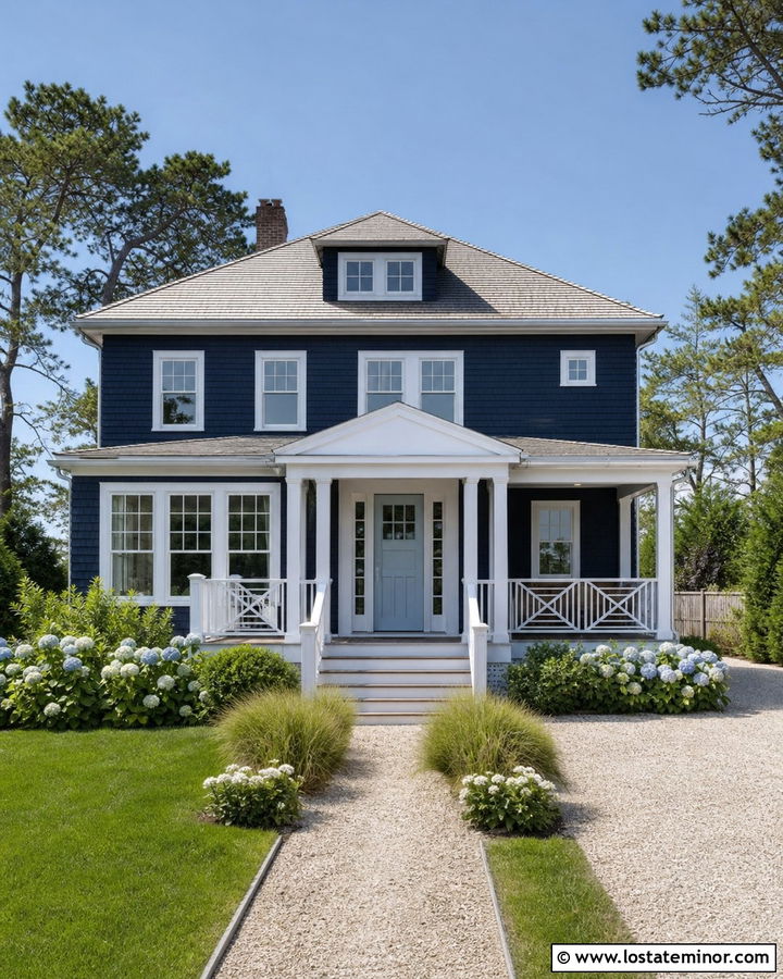 Midnight Blue Coastal House With White Portico - 30 Midnight Blue House Design With Portico Ideas
