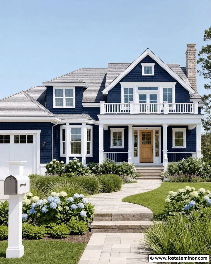 Midnight Blue Coastal House With White Post Mailbox - 30 Midnight Blue House Design With Mailbox Ideas