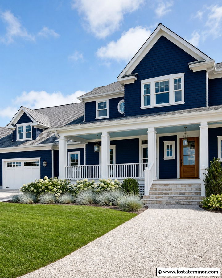 Midnight Blue Coastal House With White Square Porch Columns - 30 Midnight Blue House Design With Porch Columns Ideas
