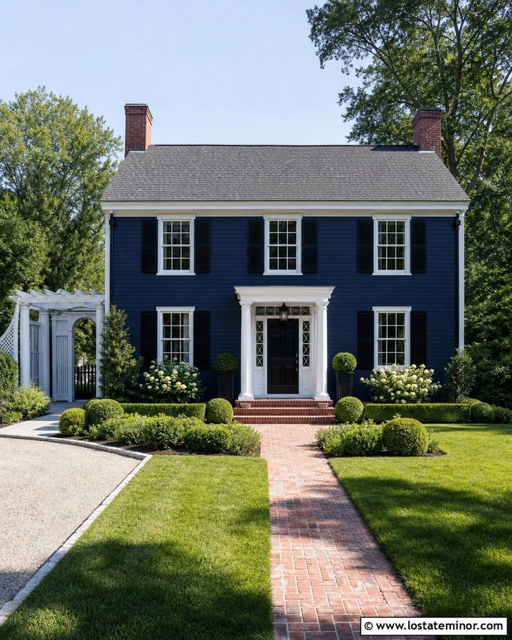 Midnight Blue Colonial House With Pergola - 30 Midnight Blue House Design With Pergola Ideas