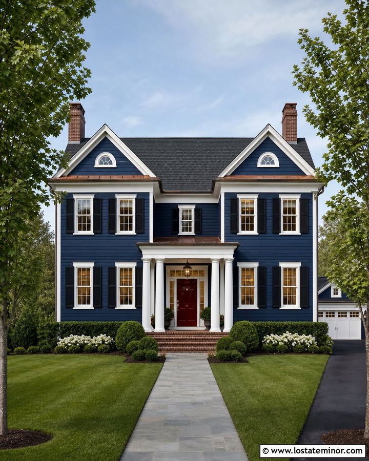 Midnight Blue Colonial House With Twin Gables - 30 Midnight Blue House Design With Gables Ideas