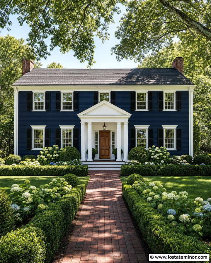 Midnight Blue Colonial House With White Portico - 30 Midnight Blue House Design With Portico Ideas