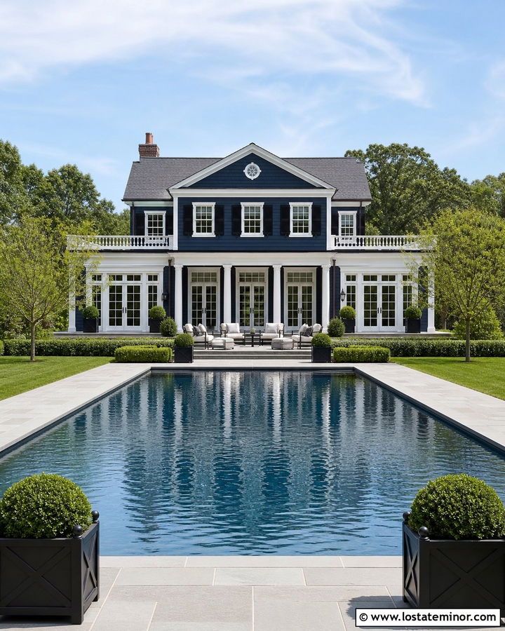 Midnight Blue Colonial House With White Trim Pool - 30 Midnight Blue House Design With Swimming Pool Ideas