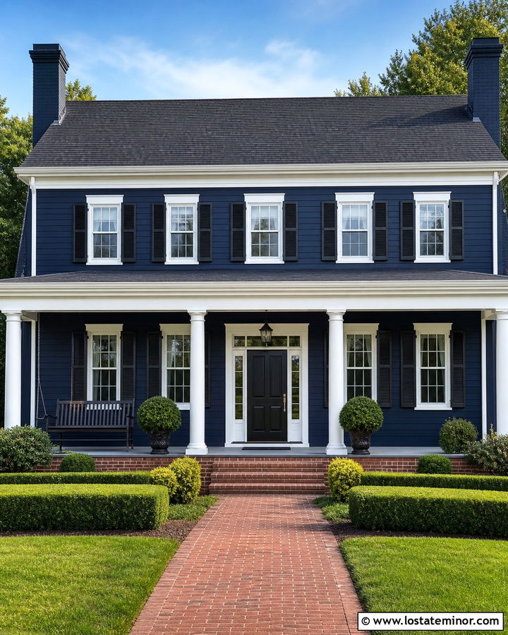 Midnight Blue Colonial With Black Porch Swing - 30 Midnight Blue House Design With Swing Ideas