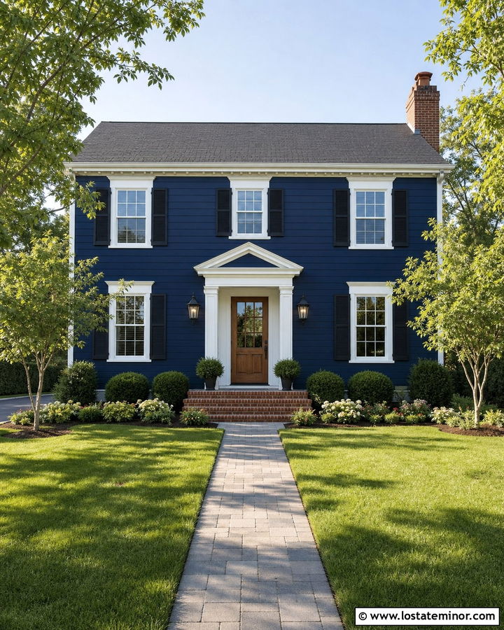 Midnight Blue Colonial With Black Shutters And Wood Door - 30 Midnight Blue House Design With Shutters Ideas