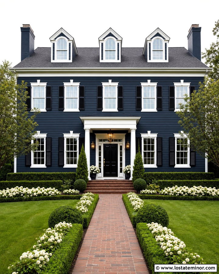 Midnight Blue Colonial With Boxwood Front Yard - 30 Midnight Blue House Design With Front Yard Ideas
