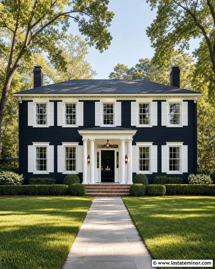 Midnight Blue Colonial With Brass Entry Lights - 30 Midnight Blue House Design With Lighting Ideas