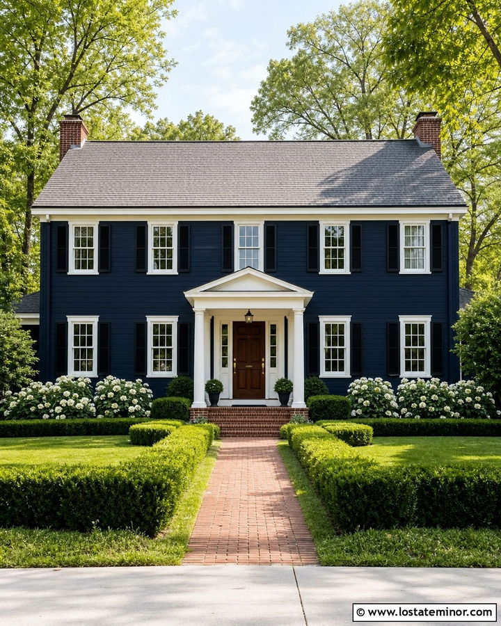 Midnight Blue Colonial With Brick Front Porch - 30 Midnight Blue House Design With Front Porch Ideas