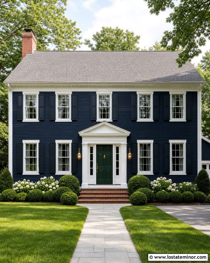 Midnight Blue Colonial With Forest Green Entry Door - 30 Midnight Blue House Design With Entry Door Ideas