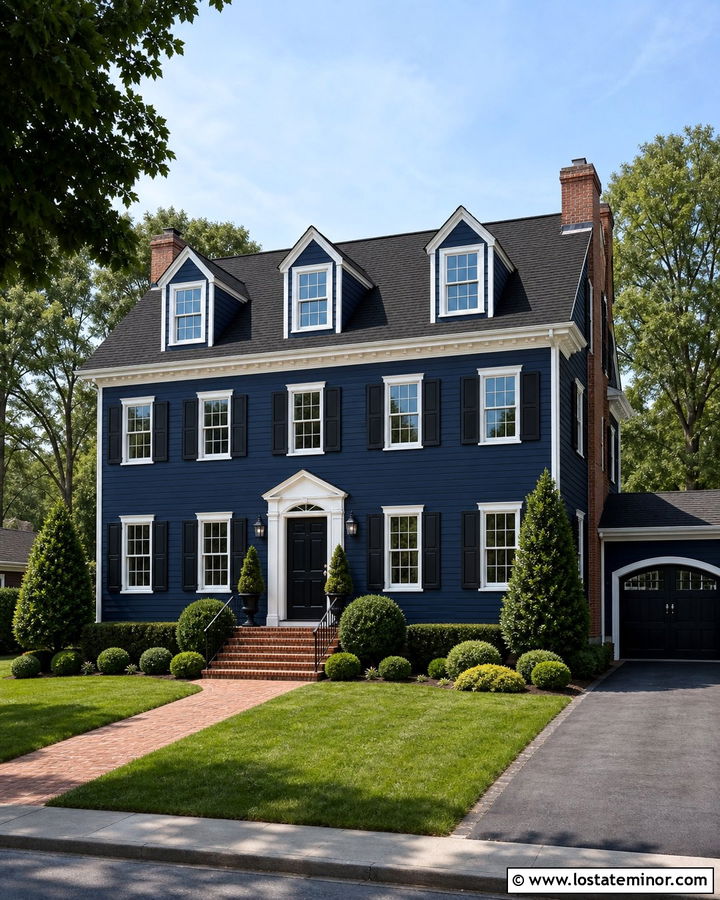 Midnight Blue Colonial With Gabled Dormers - 30 Midnight Blue House Design With Dormers Ideas