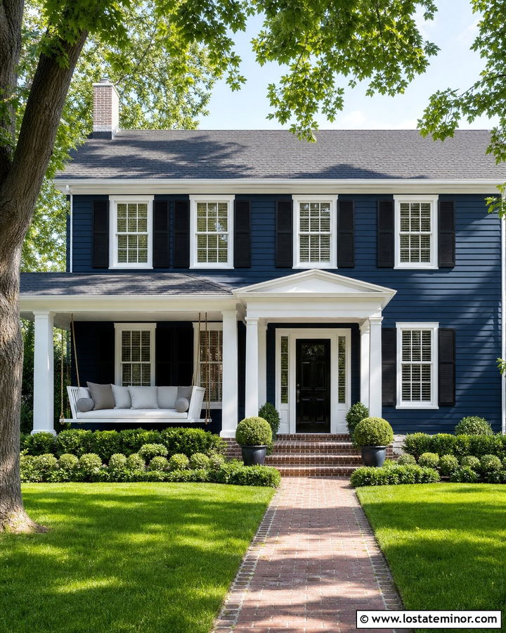 Midnight Blue Colonial With Hanging Daybed - 30 Midnight Blue House Design With Daybed Ideas
