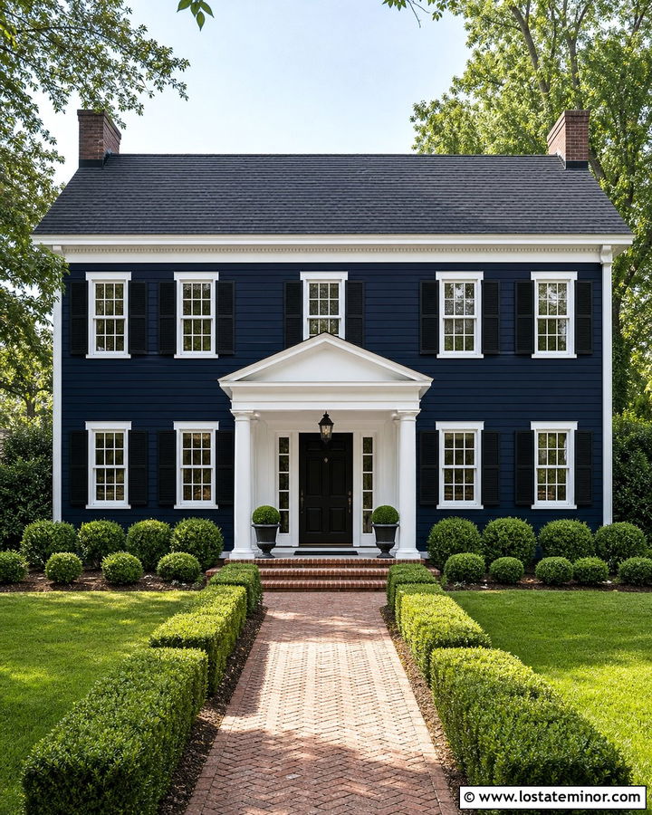 Midnight Blue Colonial With Portico Porch - 30 Midnight Blue House Design With Front Porch Ideas