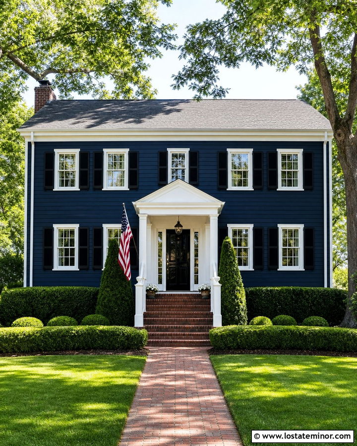 Midnight Blue Colonial With Red Brick Steps - 30 Midnight Blue House Design With Steps Ideas