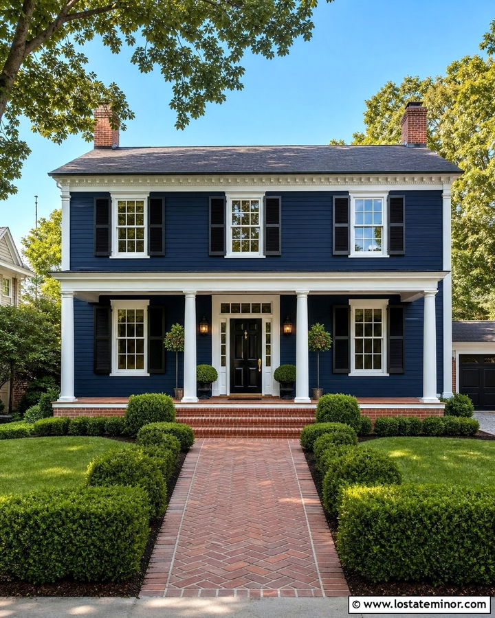 Midnight Blue Colonial With Round White Porch Columns - 30 Midnight Blue House Design With Porch Columns Ideas