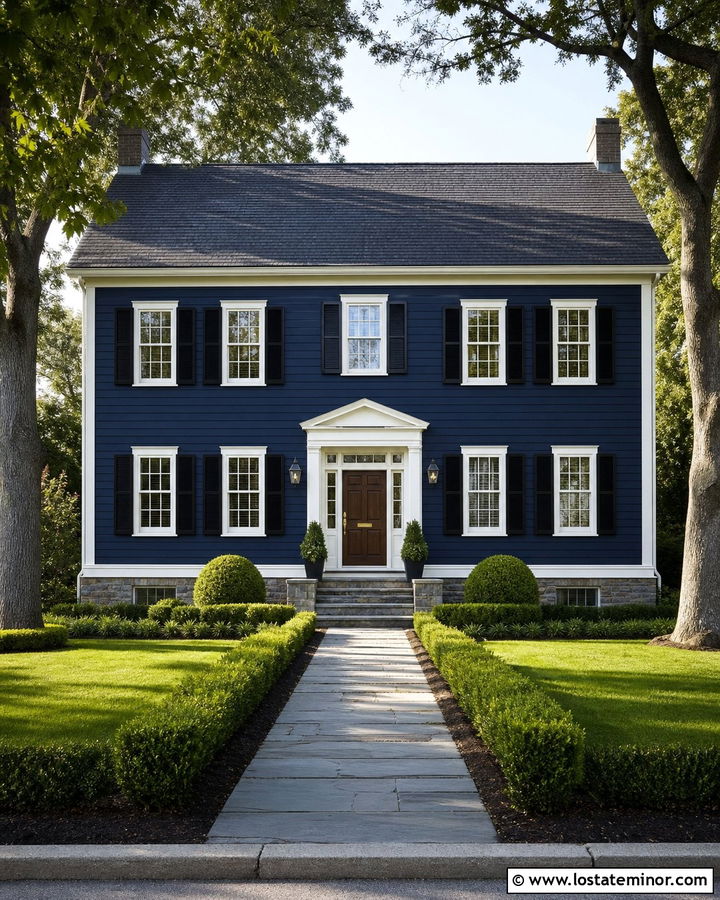 Midnight Blue Colonial With Stone Foundation - 30 Midnight Blue House Design With Stone Accents Ideas
