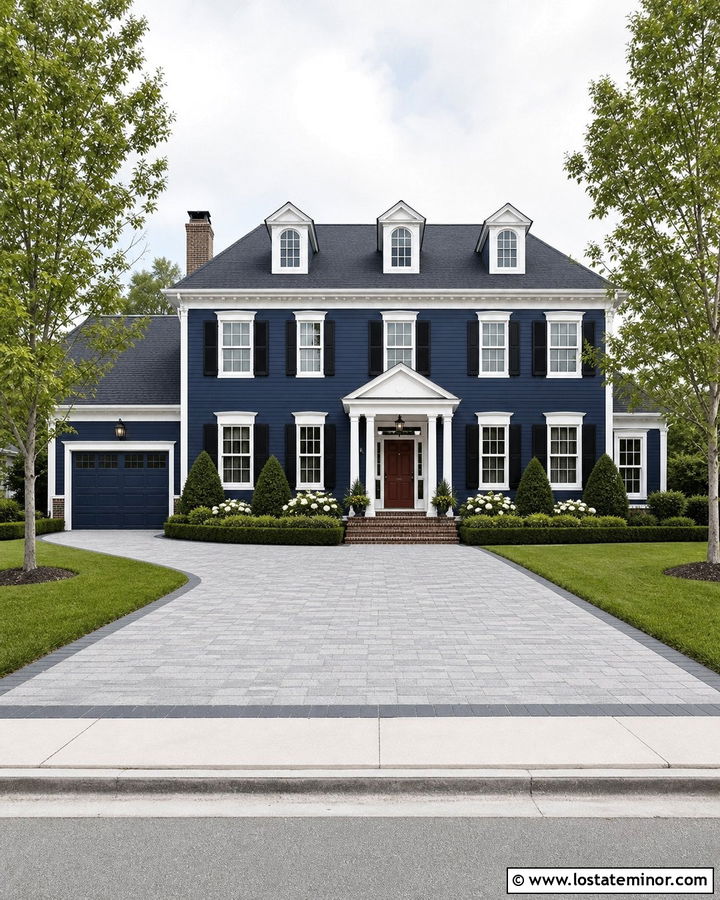 Midnight Blue Colonial With Straight Paver Driveway - 30 Midnight Blue House Design With Driveway Ideas