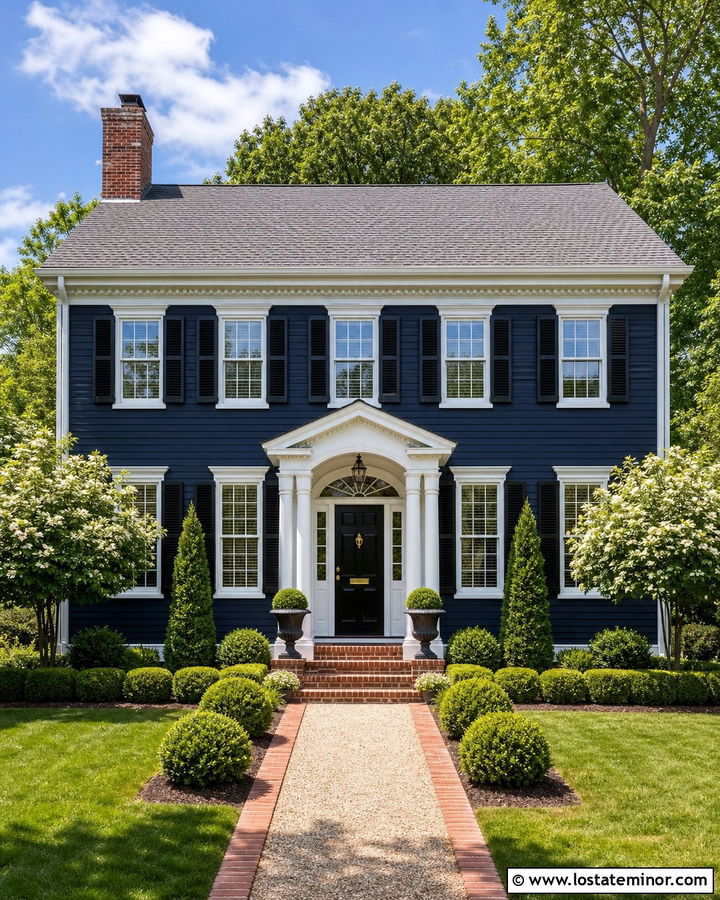 Midnight Blue Colonial With Symmetrical Landscaping - 30 Midnight Blue House Design With Landscaping Ideas
