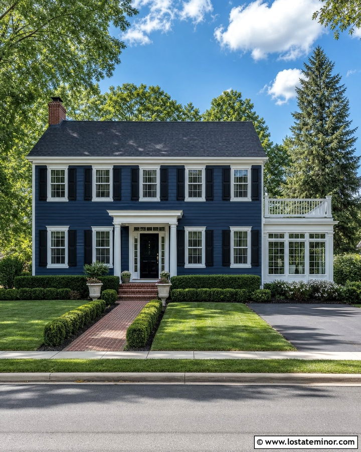 Midnight Blue Colonial With Symmetrical Sunroom - 30 Midnight Blue House Design With Sunroom Ideas