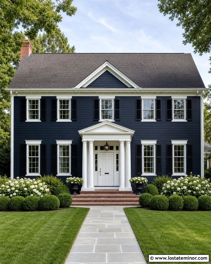 Midnight Blue Colonial With White Entry Door - 30 Midnight Blue House Design With Entry Door Ideas