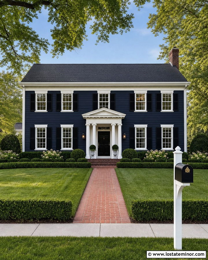 Midnight Blue Colonial With White Mailbox - 30 Midnight Blue House Design With Mailbox Ideas