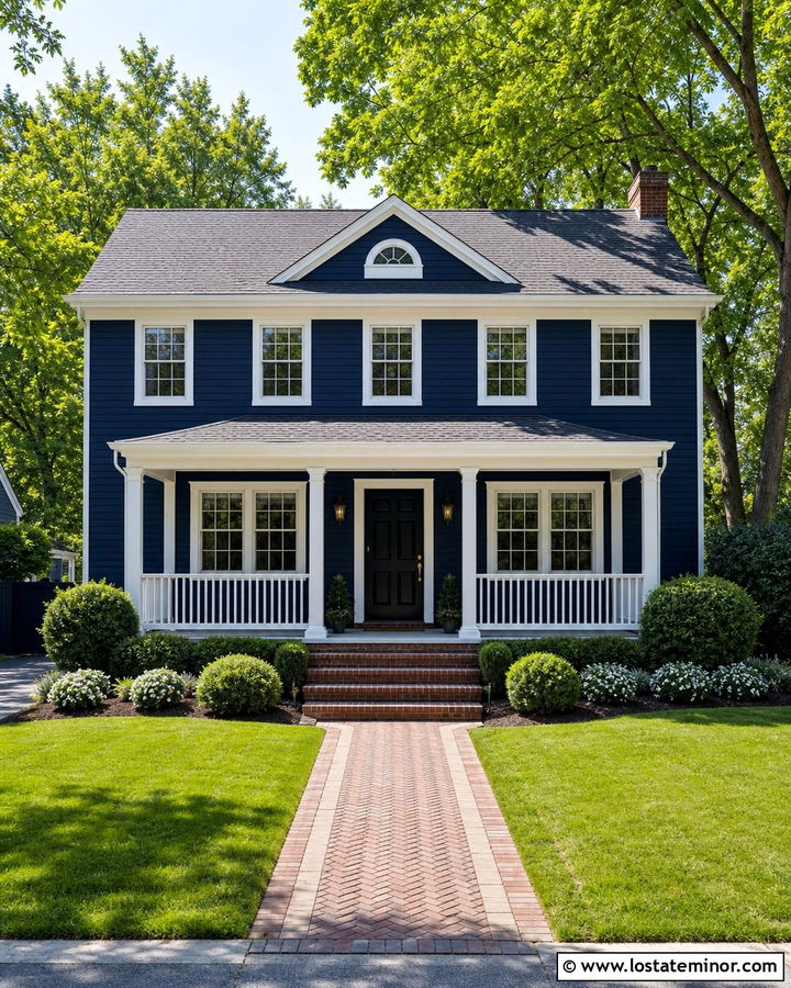 Midnight Blue Colonial With White Railings - 30 Midnight Blue House Design With Railings Ideas
