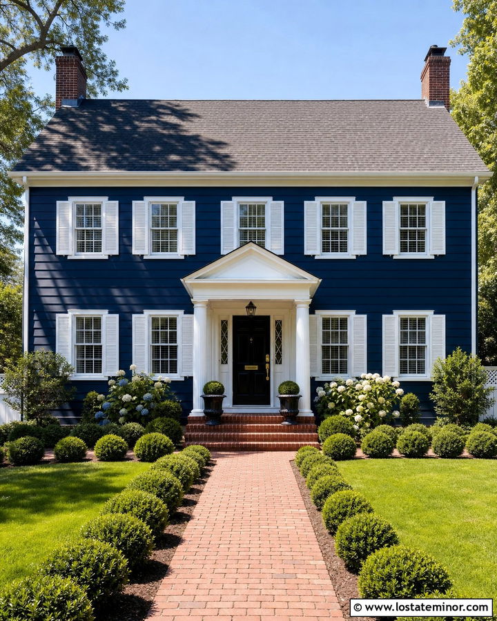 Midnight Blue Colonial With White Shutters - 30 Midnight Blue House Design With Shutters Ideas