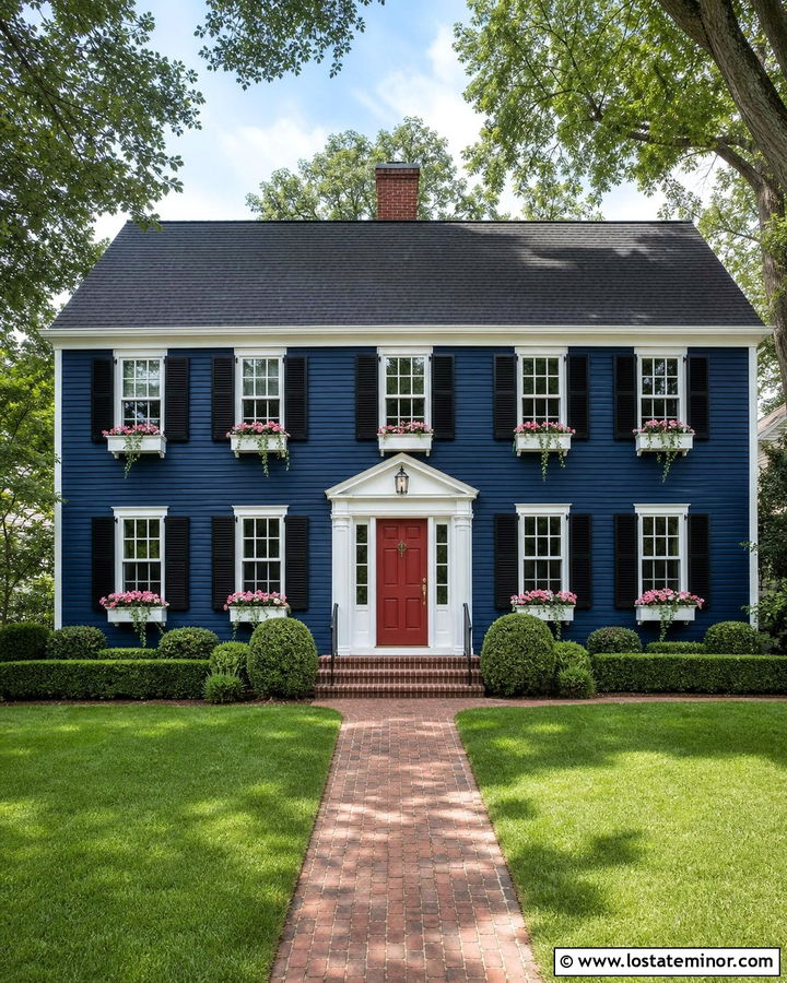 Midnight Blue Colonial With White Window Boxes - 30 Midnight Blue House Design With Window Boxes Ideas