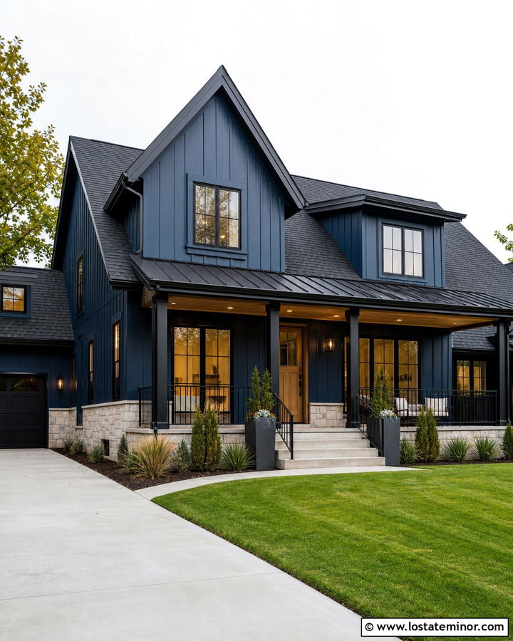 Midnight Blue Contemporary Farmhouse With Black Porch Columns - 30 Midnight Blue House Design With Porch Columns Ideas