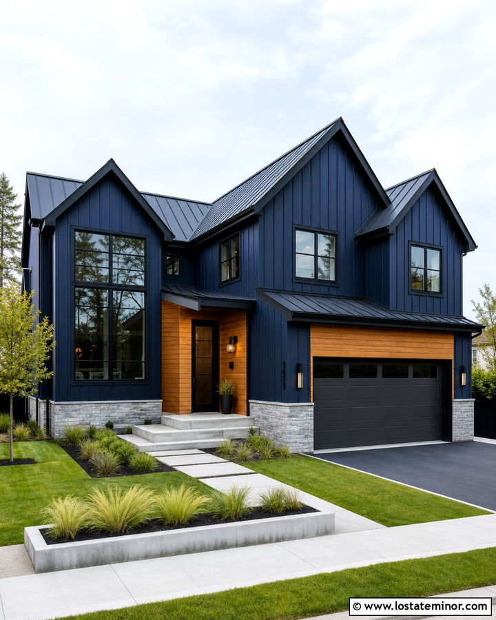 Midnight Blue Contemporary House With Asymmetrical Gables - 30 Midnight Blue House Design With Gables Ideas