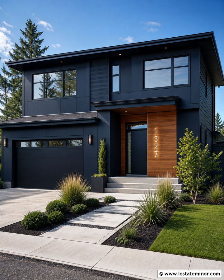 Midnight Blue Contemporary House With Backlit Numbers - 30 Midnight Blue House Design With House Numbers Ideas