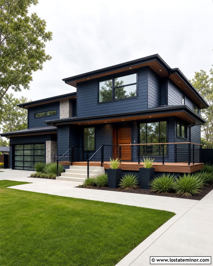 Midnight Blue Contemporary House With Cable Railings - 30 Midnight Blue House Design With Railings Ideas