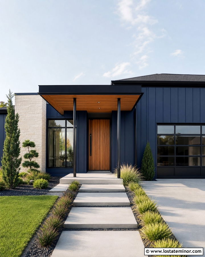 Midnight Blue Contemporary House With Flat Portico - 30 Midnight Blue House Design With Portico Ideas
