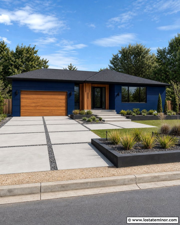 Midnight Blue Contemporary House With Large Paver Driveway - 30 Midnight Blue House Design With Driveway Ideas