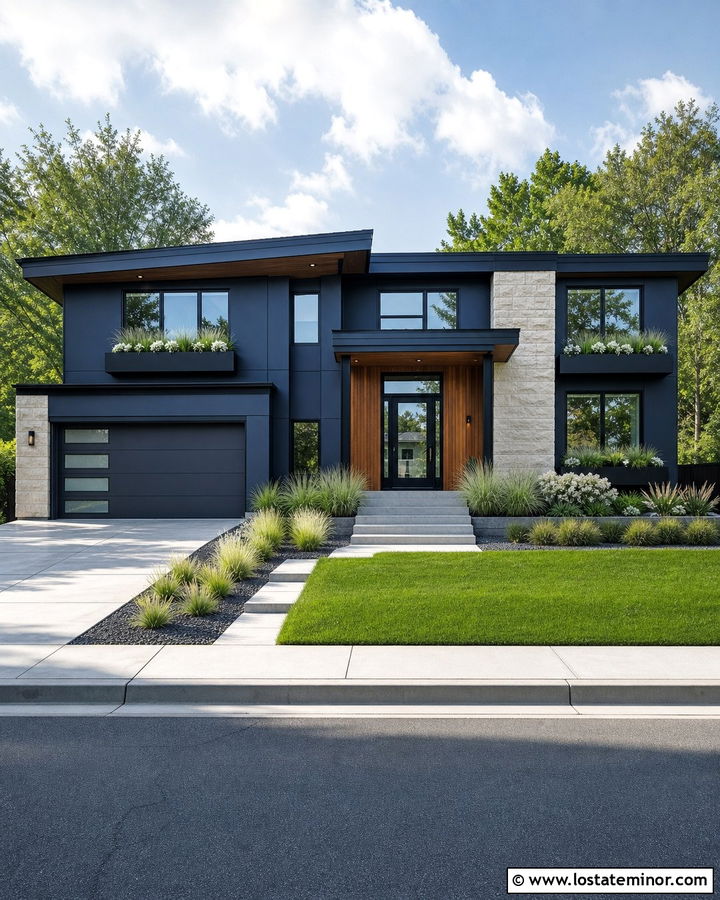 Midnight Blue Contemporary House With Metal Window Boxes - 30 Midnight Blue House Design With Window Boxes Ideas