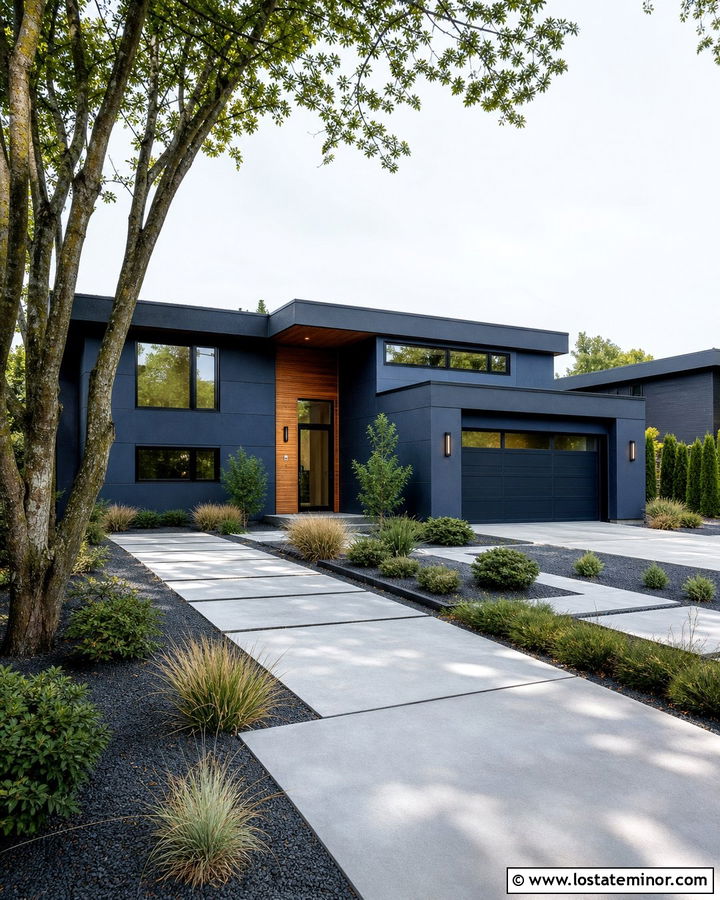 Midnight Blue Contemporary House With Minimal Front Yard - 30 Midnight Blue House Design With Front Yard Ideas