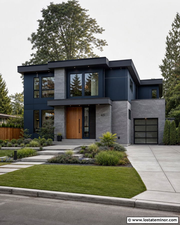 Midnight Blue Contemporary House With Stone Panels - 30 Midnight Blue House Design With Stone Accents Ideas