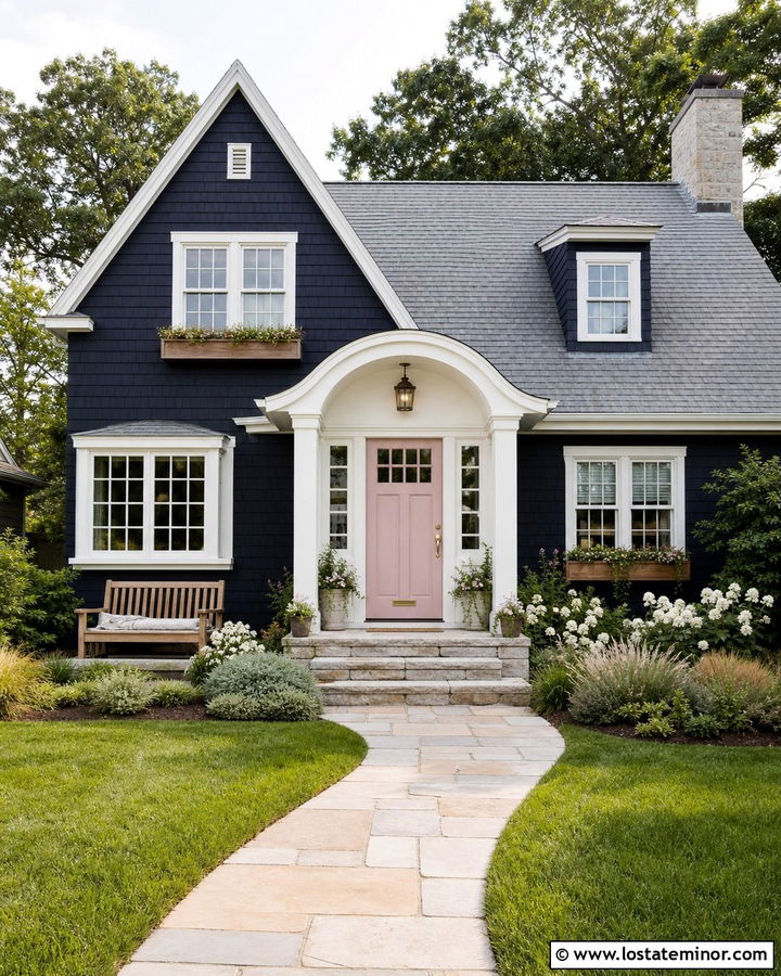 Midnight Blue Cottage With Blush Pink Entry Door - 30 Midnight Blue House Design With Entry Door Ideas