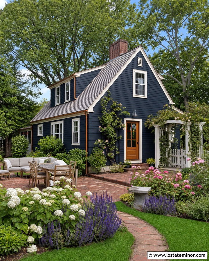 Midnight Blue Cottage With Copper Gutters And Garden - 30 Midnight Blue House Design With Backyard Ideas